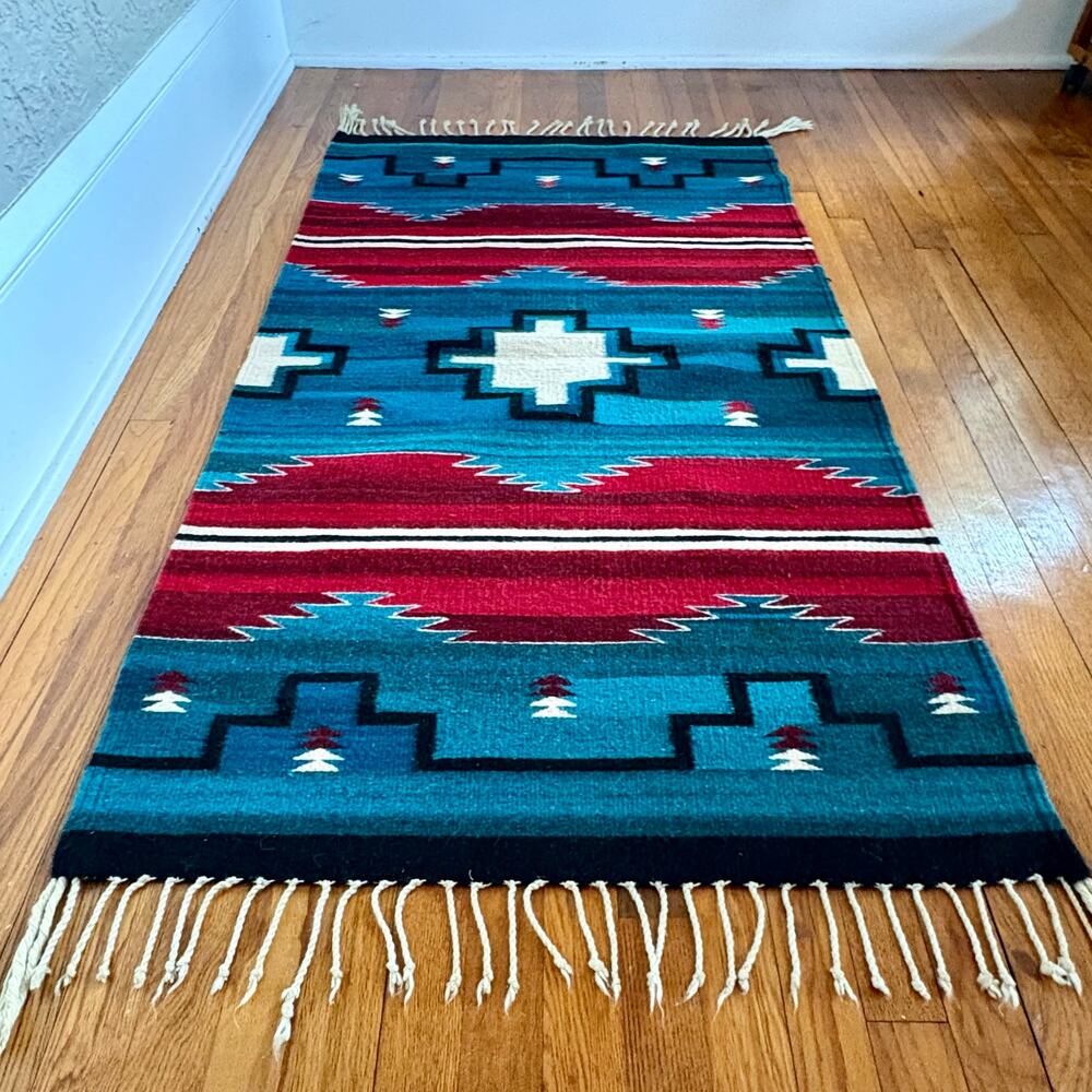 Vintage Southwestern Handwoven Accent Rug Teal Red Geometric Fringe 32" x 64"